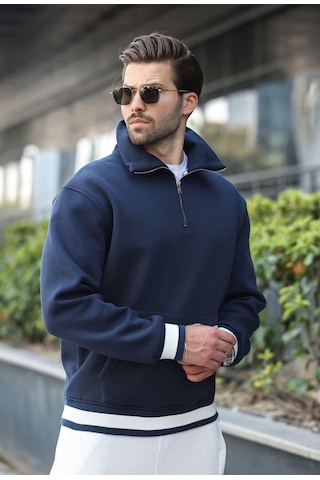 Madmext Lacivert Fermuarlı Dik Yaka Kanguru Cep Erkek Sweatshirt E7159 Lacivert