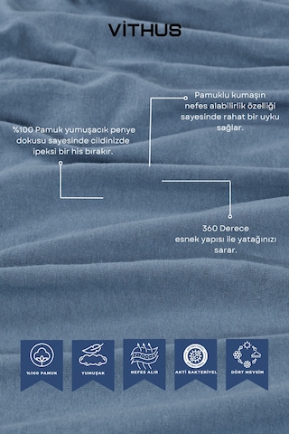 %100 Pamuk Penye Lastikli Çarşaf Tek Kişilik, Çift Kişilik Ve Battal Boy İndigo Mavi