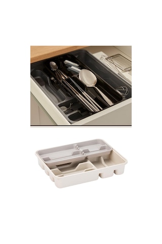 Flora Çift Katlı Çekmece İçi Kaşıklık, Ayrılabilir Çatal Bıçak Kaşık Organizeri Krem