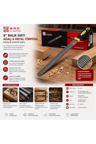 B.h.d El Aletleri Bhd Bhd-00420 Ağaç Ve Metal Törpüsü 8" İnc Metal Eğe Balık Sırtı - 12'li Paket