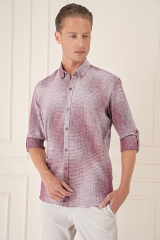 Efor Comfort Fit Batik Desen %100 Keten Bordo Gömlek G 1571 Bordo
