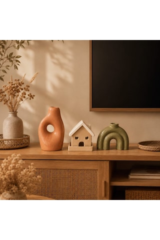 Momiko 3 Lü Modern Bohem Dekoratif Obje Ve Vazo Seti Ev, Kemer Ve Delikli Form Terracota-bej-yeşil