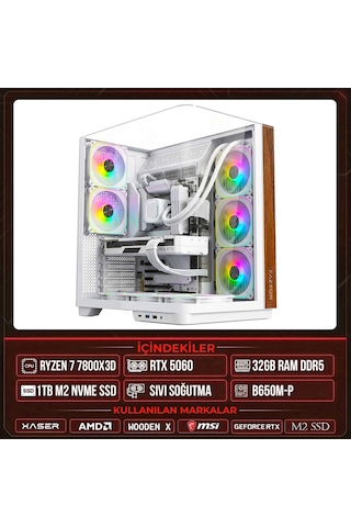 Xaser Wooden X80 R7-7800X3D 32 GB 1 TB M.2 NVMe SSD 8 GB RTX5060 Free Dos Oem Paket Masaüstü Oyuncu Bilgisayarı