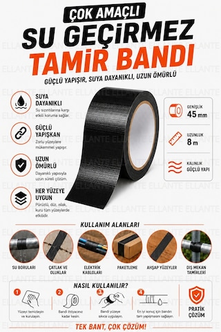 Çok Amaçlı Su Geçirmez Sızdırmaz Dayanıklı Izolasyon Siyah Tamir Bandı 45 Mm 8 Mt 1 Adet Güçlü