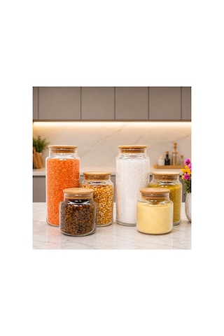 Ahşap Vakum Kapaklı Cam Saklama Kavanozu Seti 1400 Ml 800 Ml 500 Ml Çok Renkli