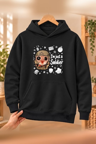 Mor Mürekkep Sad Hamster Asker Soldier Baskılı Erkek Kapüşonlu Sweatshirt - Siyah
