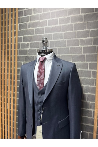 Dupont Classics Erkek Slim Fit 6 Drop Sivri Yaka Yelekli Filafil Çift Yırtmaç Takım Elbise Koyu Lacivert