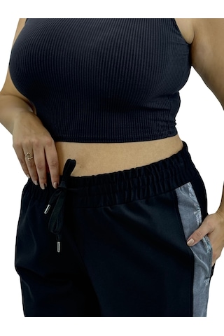 Büyük Beden Pamuklu Çizgili Parlak Detaylı Düğmeli Alt Üst Kadın Gömlek Takım Siyah