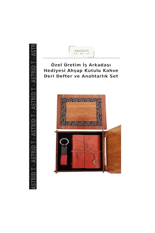 Özel Üretim İş Arkadaşı Hediyesi Ahşap Kutulu Kahve Deri Defter Ve Anahtarlık Set Çok Renkli