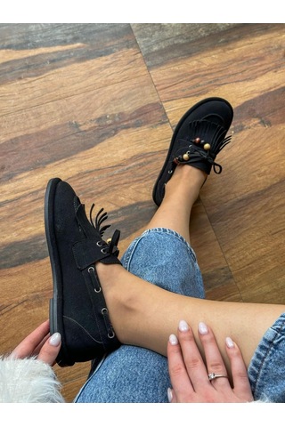Erva'nın Butiği Siyah Süet Shake Saraçlı Boncuk Detay Kadın Loafer-6016