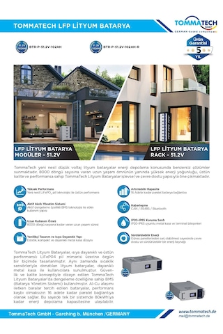 Tommatech Modüler Serisi 51.2 V 102ah G2 Lfp Lityum Batarya