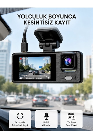 3 Kameralı Araç Dvr 1080p Ön + Hd Arka + İç Kamera Döngü Kayıt 2 Ekran Najmaddin