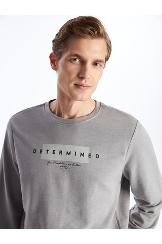Lcwaıkıkı Classic Gri Bisiklet Yaka Uzun Kollu Baskılı Erkek Sweatshirt