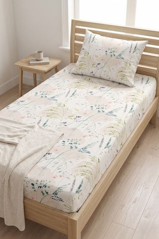 Makiteks %100 Pamuklu Çiçekli 120x200 Tek Kişilik Lastikli Çarşaf Bohem Tarz Doğal Bitki Desenli Krem