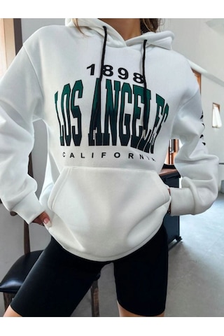 Unisex Beyaz Los Angeles Kol Baskılı Kapşonlu Oversize Sweatshirt 001