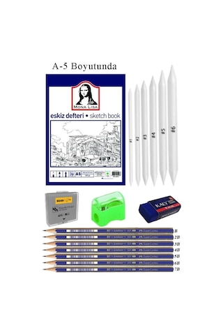 Eskiz Defteri A5 50 Yaprak Karakalem Çizim Seti Gölgelendirme Kalemi Hamur Silgi Faber Castell Dereceli Kalem