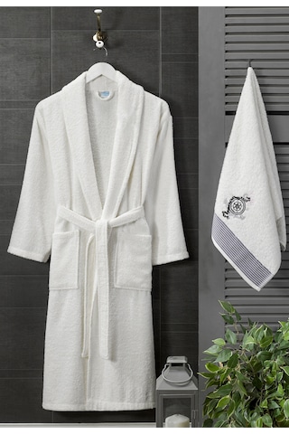 Bornoz - Nakışlı Havlu Seti Cora Erkek Krem L/xl+45x85cm Krem Erkek