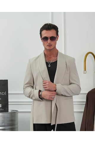 Modefendi Şal Yaka Kuşak Detaylı Blazer Ceket Krem