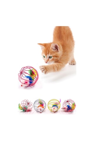 Buffer Renkli Metal Kafesli Peluş Fareli Kedi Köpek Oyun Topu 6 CM
