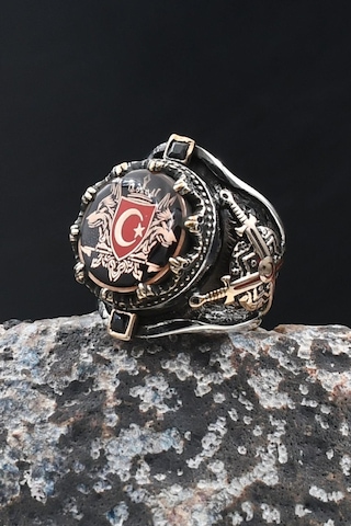 Özel Tasarım Bozkurt Kurt Ve Ay Yıldızlı Ay Yıldız 925 Ayar Gümüş Erkek Yüzüğü 902078 Gümüş