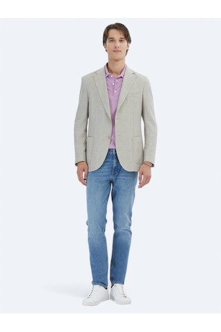 Kip Açık Haki Desenli Modern Fit Keten Karışımlı Ceket Açık Haki