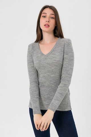 Miss Poem Kadın V Yaka Slim Fit Fitilli Uzun Kışlık Ekru Triko Kazak Gri