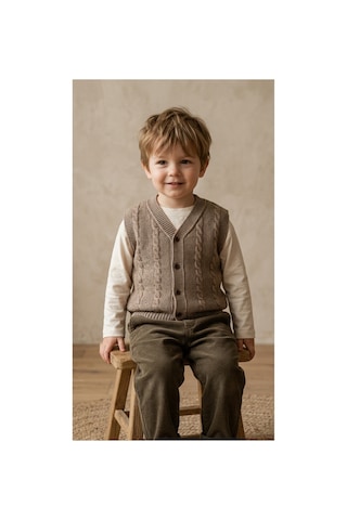 Deniva Kids Unisex Bebek & Çocuk Kahverengi V Yaka Düğmeli Saç Örgü Desenli Triko Yelek