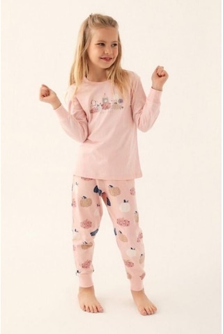 Kız Çocuk Ayıcık Baskılı Uzun Kollu Pijama Takım-16029 Pudra