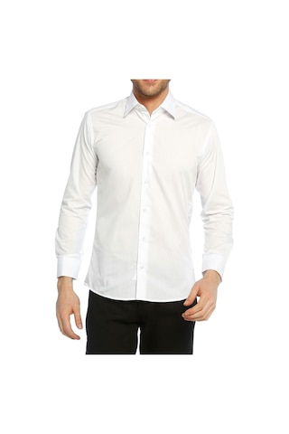 Beyaz Slim Fit Uzun Kol Düz Renk Erkek Gömlek // 151-1 Beyaz