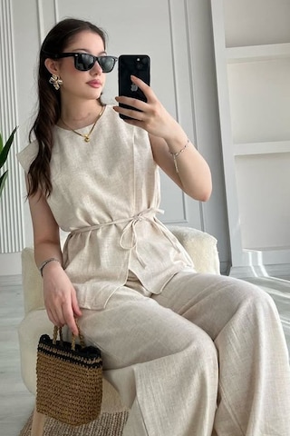 Noa&noa Kadın Keten Takım Kuşaklı Bluz Ve Bol Paça Pantolon İkili Set Bej