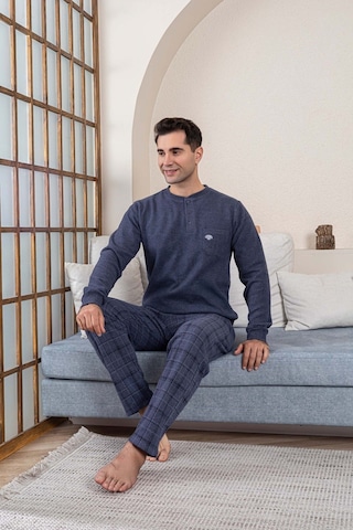 Erkek 3 Düğme Göğüs Cepli Kışlık Pamuklu Selanik Kumaş Uzun Manşetli Kol Cepli Pijama Takımı İndigo