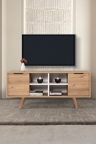 3321 Sina 130 Cm Ahşap Ayaklı , Metal Kulplu Tv Ünitesi , Sepet - Beyaz , Tv Sehpası , Salon Diğer