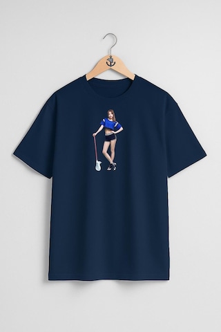 Oversize Aoa Singer K-pop Heart Attack Korean İdol Göğüs Tasarımlı Unisex T-shirt Lacivert