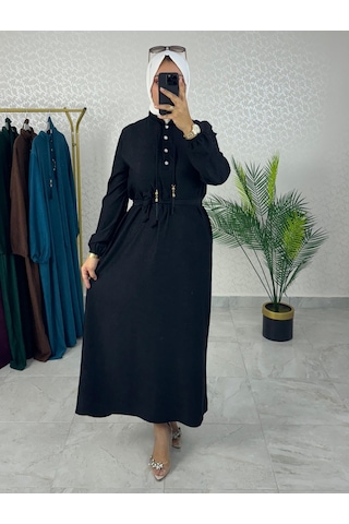 Kadın Siyah Karin Aerobin Kumaş Yarım Ön Düğmeli Püskül Bağcık Kuşaklı Tesettür Elbise Siyah