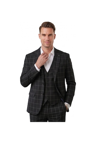 Deepsea Erkek Siyah Slim Fit 3 Lü Takım Elbise Yelekli Ekose Desenli Çift Düğme Takım Elbise 2600501