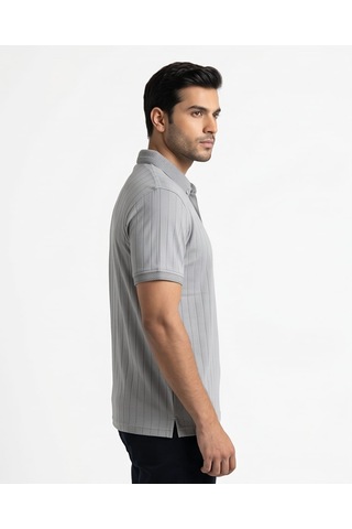 Özeniş Erkek Polo Yaka Slim Fit Çizgili Desen Kaşkorse T-shirt Gri