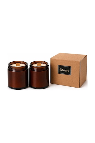 2&apos Li Sandalağacı Kokulu Mum Seti Toplam 420 Ml 260 Gr - Ahşap Fitil, Amber Cam, Uzun Yanma Süresi, Dekoratif Ve Hediye Kutulu 50 x 22