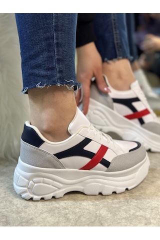 Günlük Kadın Sneaker Kalın Yüksek Taban Bağcıklı Rahat Tiger Şeritli Spor Ayakkabı 032 11-taş Laci Kırmızı