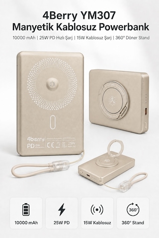 Ym307 10000 Mah Manyetik Kablosuz Powerbank 25w Pd Hızlı Şarj, 15w Kablosuz Şarj Ve 360 Döner Stand Gold