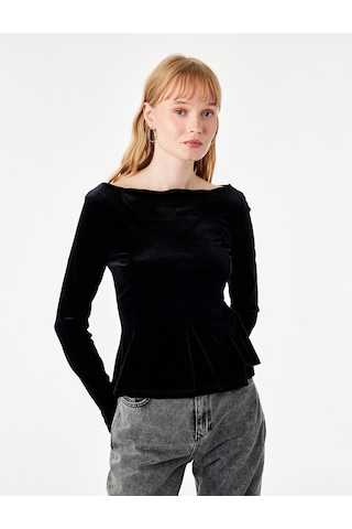 Koton Kadife Slim Fit Kayık Yaka Uzun Kollu Tişört Siyah 7wal10032ık