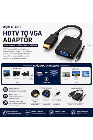 Hdmı To Vga Adaptör 1080p Full Hd Altın Uçlu 3.5mm Ses Çıkışlı Hdmı Erkek Vga Dişi Dönüştürücü Laptop Monitör Projeksiyon Tv Bilgisayar