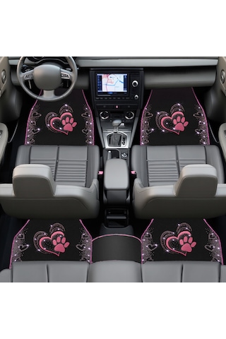 Kadınlara Özel Nakış İşlemeli Taşlı Kalp Ve Köpek Pati Desenli Oto Paspas Seti Şık Ve Dayanıklı