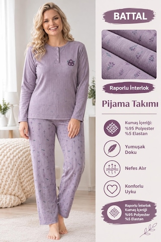Boyraz Lindros Kadın Düğme Yaka Raporlu İnterlok Kışlık Battal Pijama Takımı 03016 - 1 Adet Lila