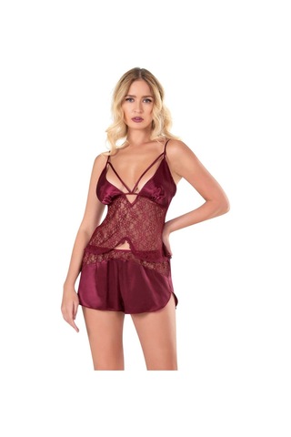 İkikareshop Bordo Saten Babydoll Şort Takımı Çok Renkli