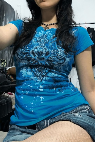 Mavi Gotik Rose Harajuku Y2k Kısa Kollu Crop-18660 Mavi