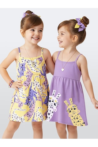Denokids Muzip Kediler Kız Çocuk 2'li Elbise Çok Renkli