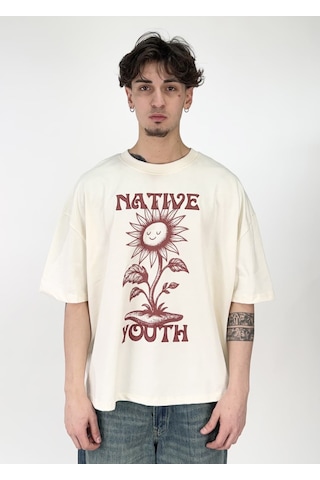 Zaee Native Youth Baskılı Oversize T-shirt Krem