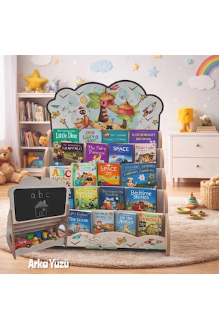 Montessori Yazı Tahtalı Hayal Dünyası Temali 5 Raflı Kitaplık Ve Oyuncak Saklama Yerli Çok Renkli