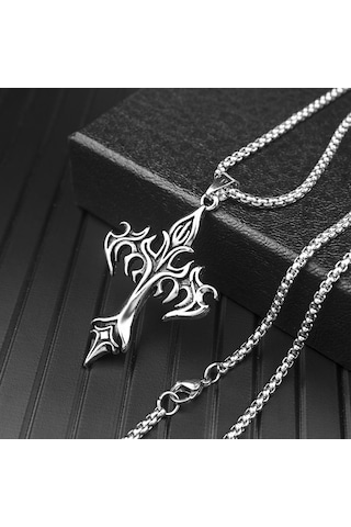 Gotik Alev Haç Kolye Kolye Erkek 50 Cm Paslanmaz Çelik Zincir Boyun Punk Hediye Gümüş