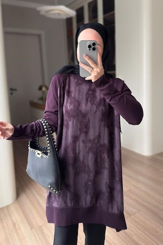 Kahijab Desenli İpek Cupra Merserize Tunik - Mürdüm